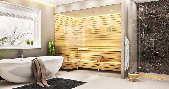 Velkoryse pojatá koupelna, jejíž součástí je i sauna.