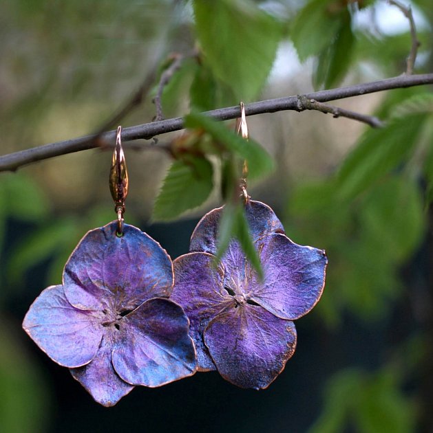 Pokovené květy hortenzie představují jedinečné náušnice.