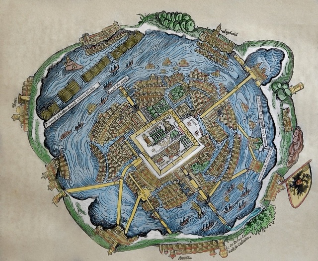 Mapa Tenochtitlánu, mocného aztéckého městského státu.