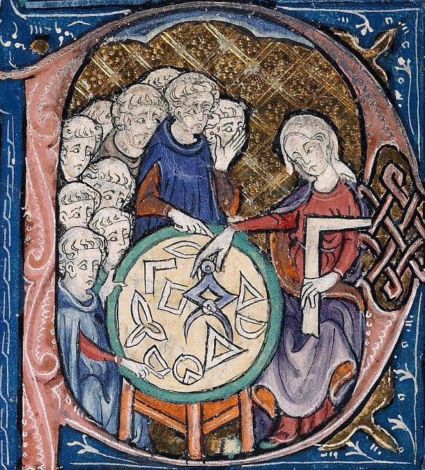 Ve středověku nečekaný úkaz: žena přednáší studentům geometrii.
