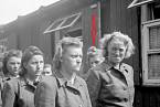 Nacistické dozorkyně z koncentračního tábora Bergen Belsenu. 19. srpen 1945. Elisabeth Volkenrath označena šipkou ve druhé řadě..