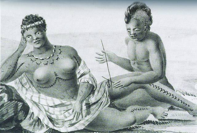 Průběh havajského tetování, jak jej pozoroval malíř Jacques Arago v roce 1819.