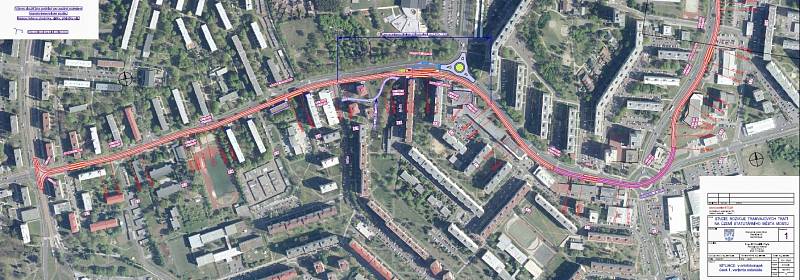 Mapka ukazuje plánovanou trasu nové tramvajové trati v Mostě. Existují dvě varianty, které se liší řešením v oblasti křižovatky u Kahanu.