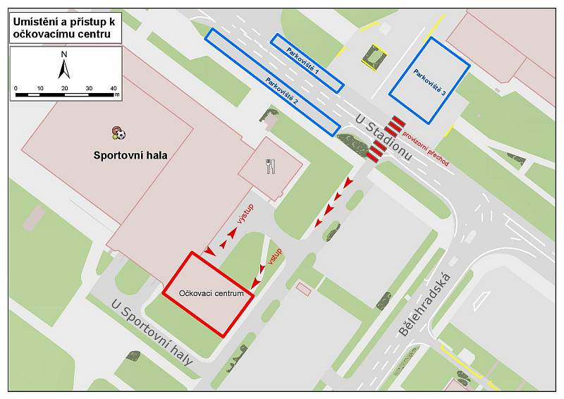 Vizualizace očkovacího centra v Mostě, které je radnice připravena zřídit v části městské sportovní haly.