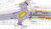 Ulice SNP v Mostě a projekt její rekonstrukce. Detail úpravy křižovatky ulic SNP-Pod Resslem-Alej Boženy Němcové.