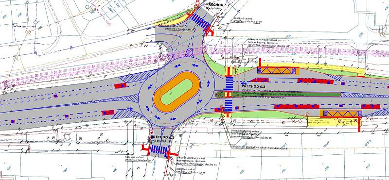 Ulice SNP v Mostě a projekt její rekonstrukce. Detail úpravy křižovatky ulic SNP-Pod Resslem-Alej Boženy Němcové.