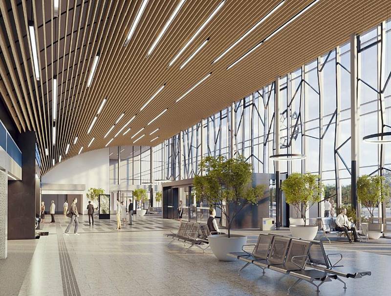 Vizualizace budoucích vnitřních prostor budovy mosteckého vlakového nádraží zveřejněná v roce 2020.