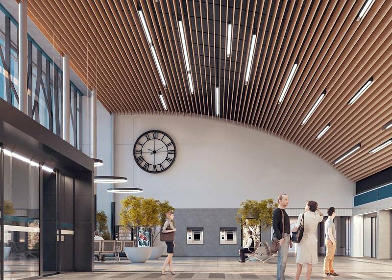 Vizualizace budoucích vnitřních prostor budovy mosteckého vlakového nádraží zveřejněná v roce 2020.