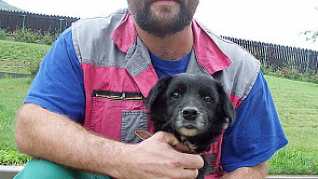 Vedoucí útulku Antonín Šlégr hladí šestnáctiletého psa, který se dostal do útulku před pár dny. Podle Šlégra nového majitele již nenajde.