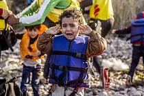 Malý uprchlík pláče po přistání na řeckém ostrově Lesbos v říjnu 2015..