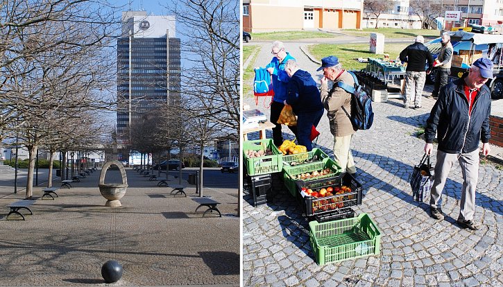 Vlevo 2. náměstí v Mostě ráno v sobotu 26. března a vpravo ve stejnou dobu okraj tržnice u Kosmosu.