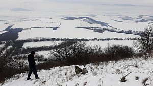 Zima na Mostecku v neděli 21. ledna odpoledne. Na snímku výhled z kopce Milá.