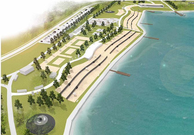 Vizualizace jižního břehu jezera Most ukazuje, jak po dalších úpravách může v příštích letech vypadat okolí hlavní pláže v rekreační oblasti.
