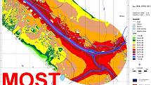 Hluková mapa Mostu, oblast kolem hlavní silnice I/13 mezi Hněvínem a Obrnicemi.
