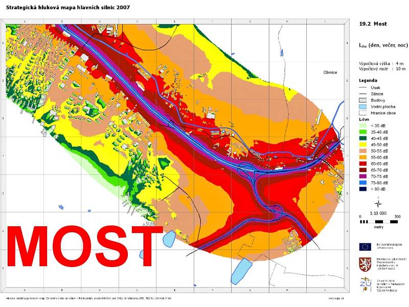 Hluková mapa Mostu, oblast kolem hlavní silnice I/13 mezi Hněvínem a Obrnicemi.