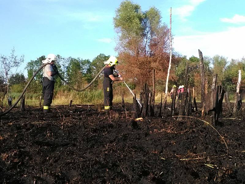 Hasiči likvidují požár uhelného prachu u rybníku v Komořanech