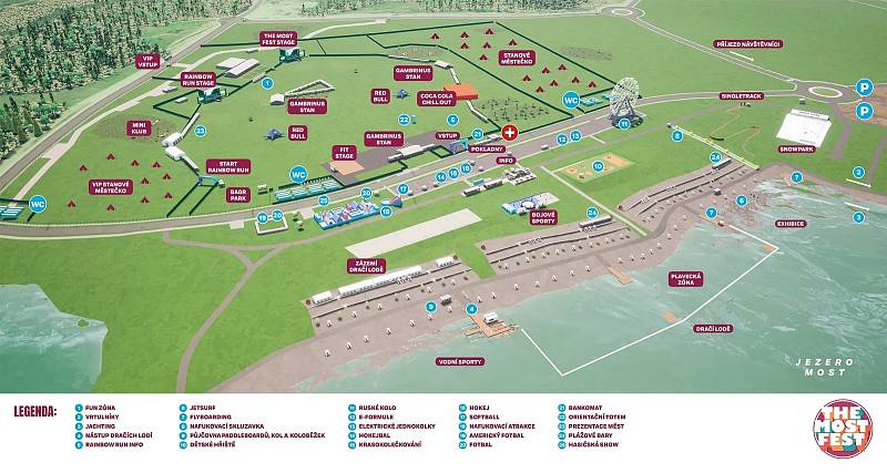 Mapa rozmístění areálu multižánrového festivalu The Most Fest u jezera Most.