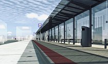 Vizualizace autobusového nádraží po rozšíření a modernizaci současného městského terminálu u železniční stanice Most.