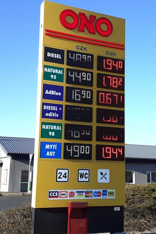 ONO Teplice. Nafta 48.90 a Natural 44.90 korun. Ceny pohonných hmot v Teplicích, dopoledne 11. 3. 2022