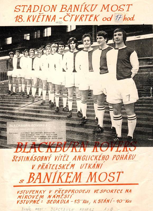 Plakát na utkání Baník Most - Blackburn Rovers v roce 1972.