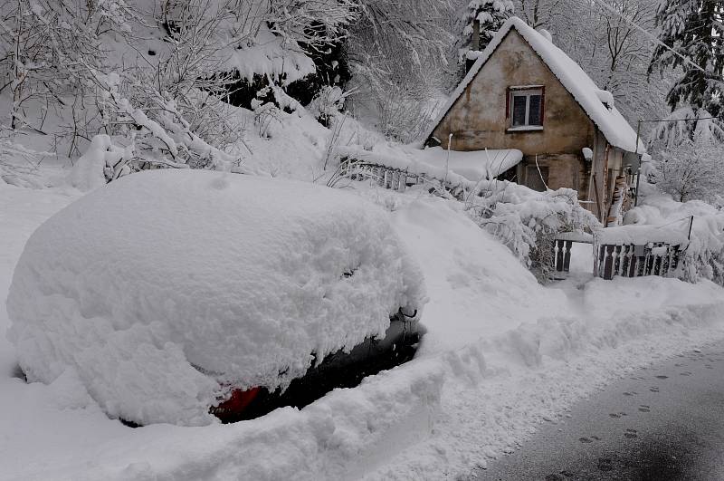 Přívaly sněhu napadaly v Oseku. Lidé pomocí techniky i ručně odstraňovali nánosy sněhu. Padaly stromy a lámaly se větve. Snímek z 10. ledna 2019.