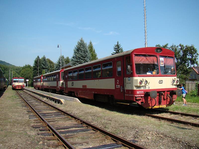 Motorový vůz řady 810, přezdívaný Orchestrion, v železniční stanici Osek - město.