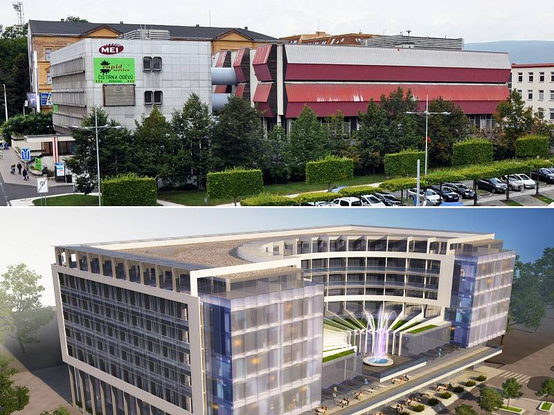 Budova Telecomu na teplickém náměstí Svobody (nahoře) a vizualizace luxusního hotelu, který ji má nahradit