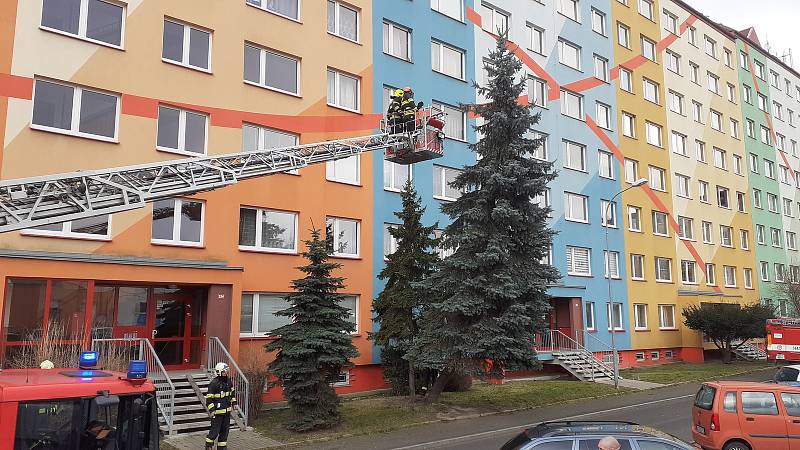 Rovná ulice v Teplicích. V neděli 30. ledna odpoledne sem hasiči přijeli pokácet strom, který vítr nakláněl a vyvracel z kořenů. Hrozilo, že padne na auta a silnici.