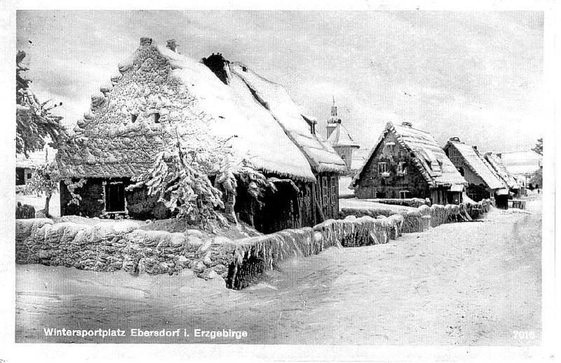 Zima v Krušných horách na archivních pohledech a fotografiích. Zaniklá obec Habartice.