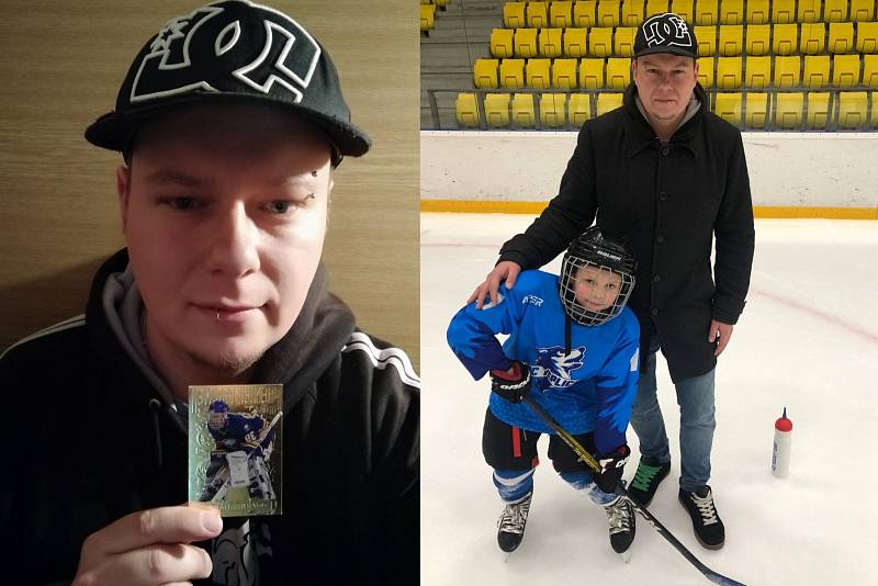 Marek Kašpar, sběratel hokejových kartiček. Vpravo se svým synem Matějem