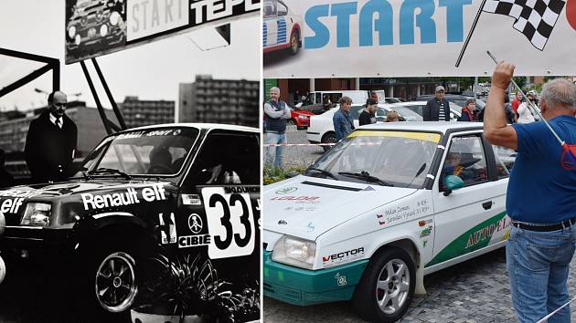 40 let rozdíl. Start Rallye Teplice na náměstí Svobody v Teplicích. 80. léta vlevo, sobota 25. června 2022 vpravo.
