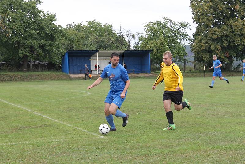 Fotbalová III. třída: FK Mířkov (ve žlutém) - Sokol Zahořany (v modrém) 3:0 (2:0).