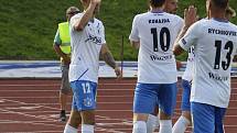 6. kolo FORTUNA ČFL A: TJ Jiskra Domažlice (na snímku fotbalisté v bílých dresech) - FC Slavia Karlovy Vary 2:2 (2:1).