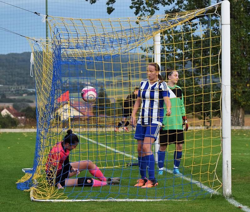 2. kolo divize C ženy: TJ Hradiště - TJ Jiskra Domažlice (na snímku fotbalistky v modrých dresech) 4:1 (2:1).