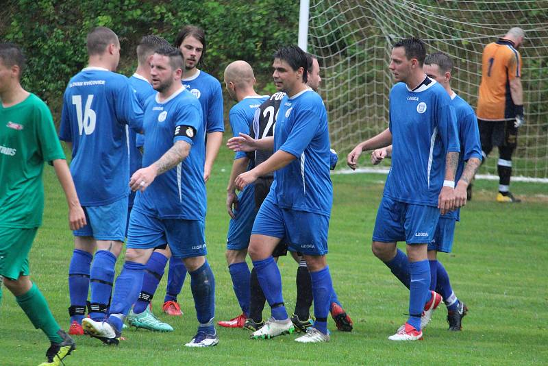 Slovan Kvíčovice (v modrém) - Sokol Srby (v červeném) 6:0 (4:0).