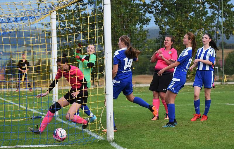 2. kolo divize C ženy: TJ Hradiště - TJ Jiskra Domažlice (na snímku fotbalistky v modrých dresech) 4:1 (2:1).