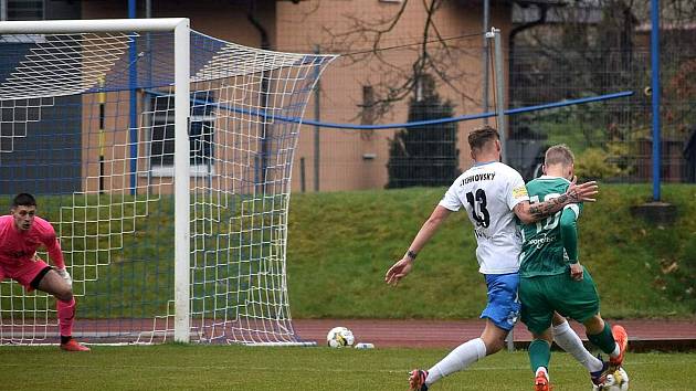 FORTUNA ČFL, skupina A: TJ Jiskra Domažlice (na snímku fotbalisté v bílomodrých dresech) - Bohemians Praha 1905 B 2:0.