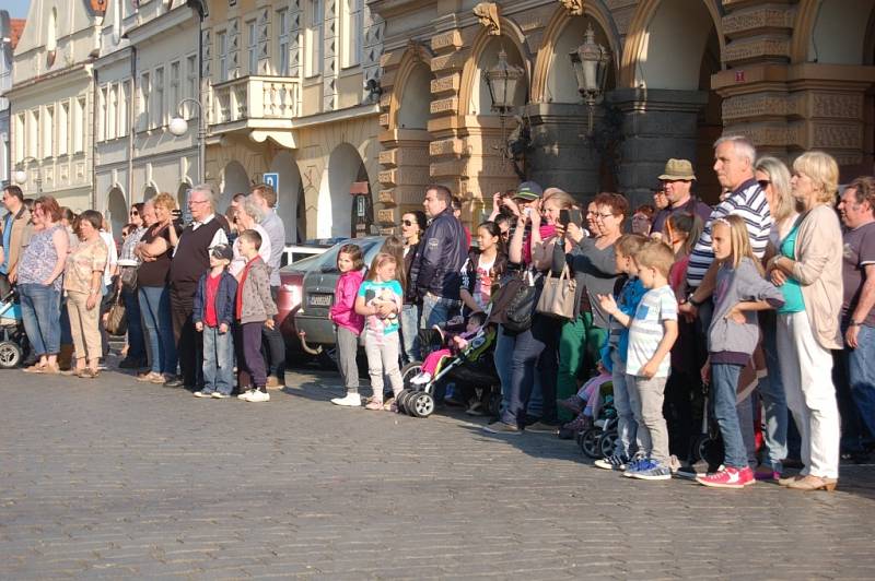 Ze stavění májky na domažlickém náměstí.