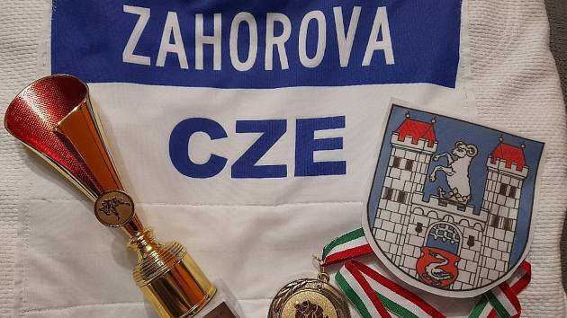 Pohár a medaile judistky Jaroslavy Záhořové z mezinárodního mistrovství v maďarském Györu. 