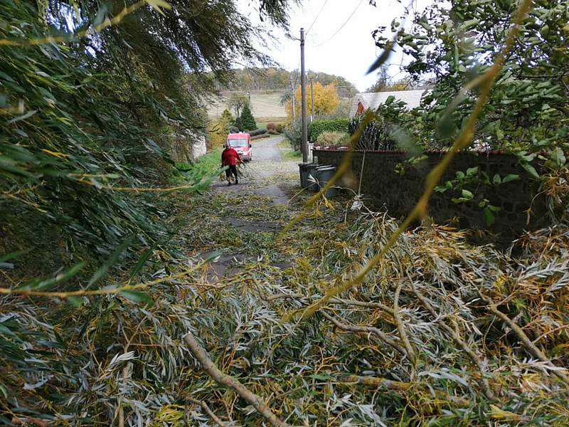 Důsledky silného větru řešili i dobrovolní hasiči z Chocomyšle a Únějovice. V Únějovicích spadla zlomená vrba na zeď bývalého mlýna a zablokovala cestu.