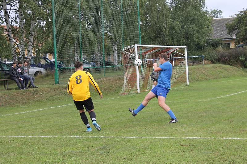 Fotbalová III. třída: FK Mířkov (ve žlutém) - Sokol Zahořany (v modrém) 3:0 (2:0).