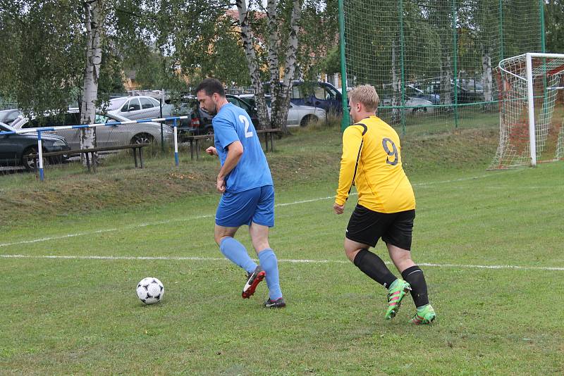 Fotbalová III. třída: FK Mířkov (ve žlutém) - Sokol Zahořany (v modrém) 3:0 (2:0).
