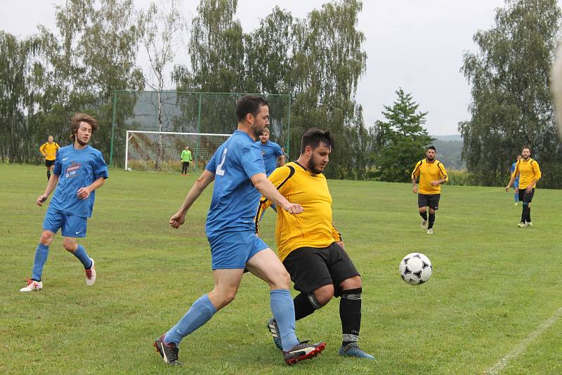 Fotbalová III. třída: FK Mířkov (ve žlutém) - Sokol Zahořany (v modrém) 3:0 (2:0).