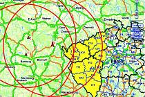 Omezení platí v okruhu 150 kilometrů od ohnisek nemoci. Vyhlášeno bylo pro celé okresy Plzeňského kraje a znázorňuje ho kruh nejvíce vpravo.  