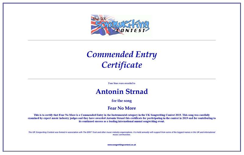 Skladby Antonína Strnada získaly již potřetí ocenění v britské soutěži UK Songwriting Contest.