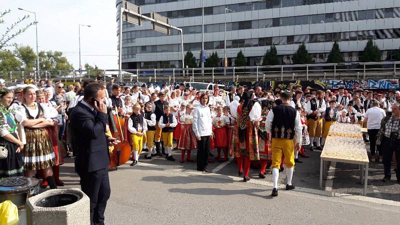 Chodský soubor Mrákov a Dětský soubor Mráček z Mrákova vystupovaly na akci Dožínky na Letné.