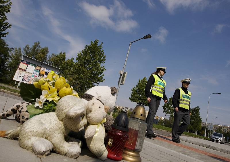 Policisté u přechodu pro chodce poblíž královéhradecké Základní školy Štefánikova.