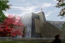Futuristicky vyhlížející dřevěný kostel Archanděla Michaela na vizualizaci.