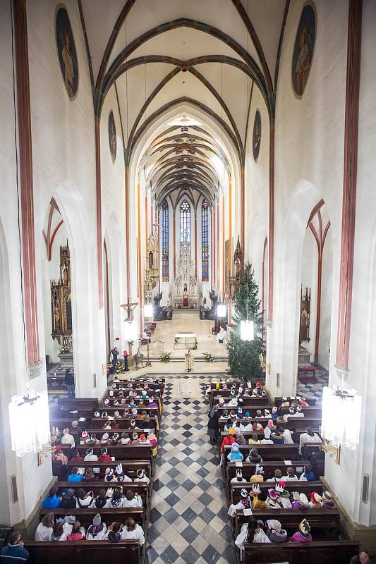 Tříkrálovká sbírka v Hradci Králové: V katedrále svatého Ducha požehnal všem koledníkům biskup Jan Vokál.