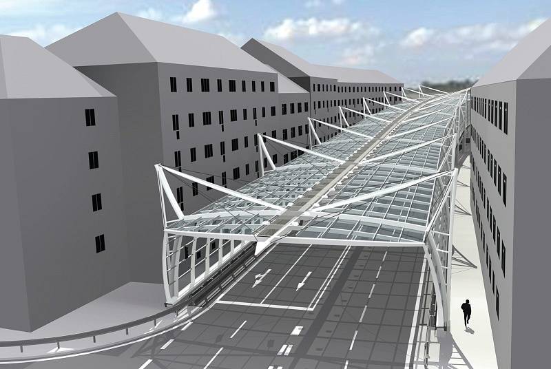 Vizualizace skleněného tunelu, který oddělí obytnou zástavbu od rušné komunikace. Ředitelství silnic a dálnic stavba přijde zhruba na 220 milionů korun a hotova by měla být do konce listopadu letošního roku.